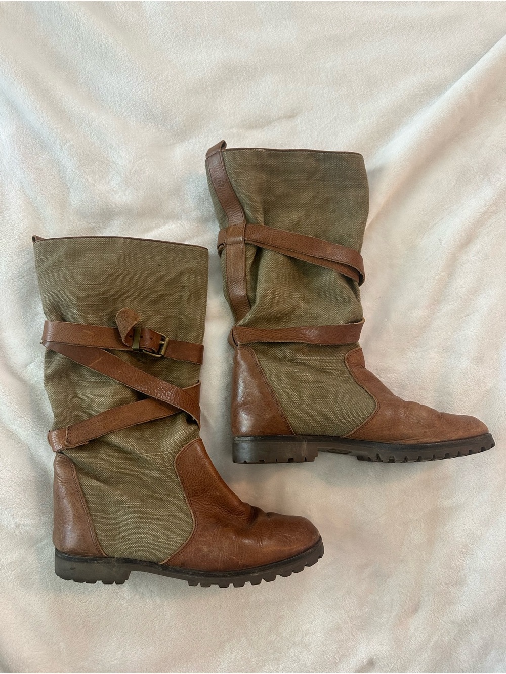 Vintage Banana Republic Safari & Traveling Boots Mid Calf Brown Leather & Linen